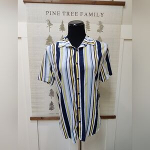 GUESS Los Angeles Vertical Striped Short Sleeve Shirt - Navy/Yellow - Small